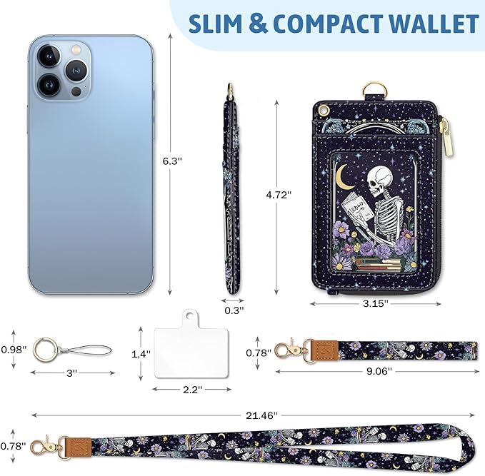Goth Skeleton Book Lanyard Wallet with ID Badge Holder, Flowers Moon Star Small RFID Wallet Women Keychain Wristlet, Slim Credit Card Holder with Zipper Pocket Phone Lanyard Wrist Strap Office Teacher