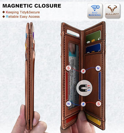 BULLIANT Slim Wallet For Men 12Cards,Magnetic Flip Build-in Money Clip Airtag Compatible-RFID Blocking