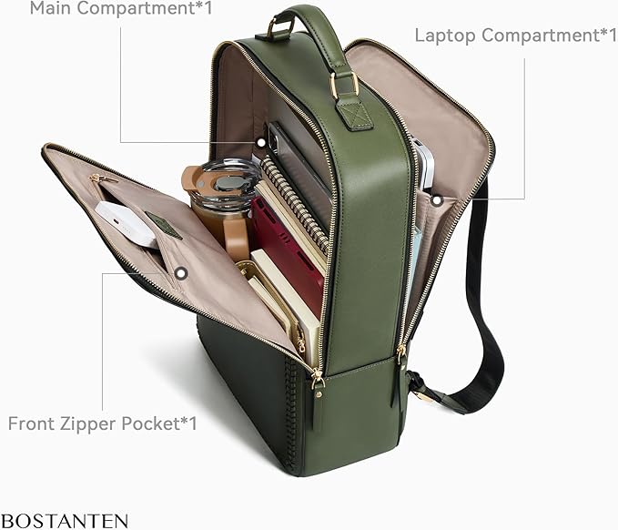 BOSTANTEN Leather Backpack 15.6 inch Laptop Bag Travel Casual Computer Backpack College Business Work Shoulder Bags with Trolley Sleeve for Women Men Olive Green