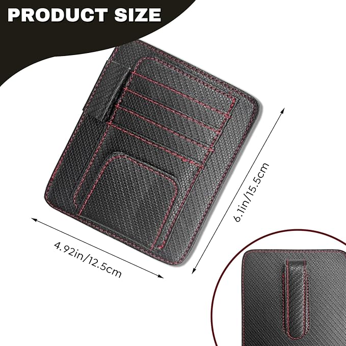 Car Sun Visor Organizer, Multifunctional Auto Visor Document Holder with Sunglasses Clip, Universal Car Interior Accessories Organizer for Drving License, Card, Pen (Carbon Fiber Black&Red)