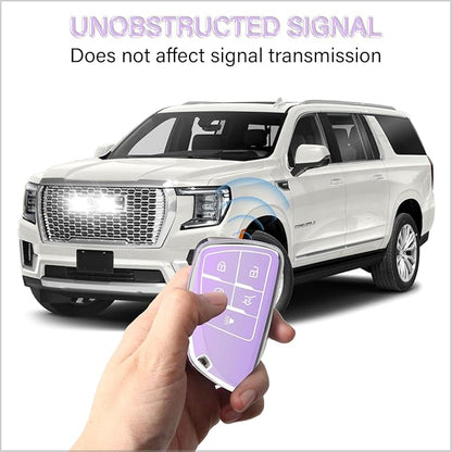 QBUC for Chevy Key Fob Cover with Keychain Soft TPU Protection Case Compatible with 2021-2026 Chevy Equinox Blazer Tahoe Suburban GMC Yukon Denali Silverado 5-Buttons(Chrome Trim Purple)