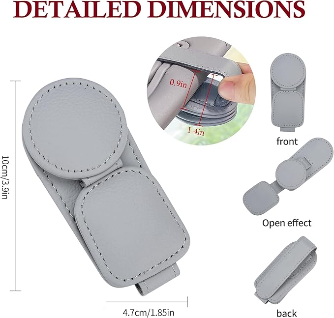 KIWEN Sunglasses Holder for Car Visor, Magnetic Leather Sunglass Eyeglass Hanger Clip for Car Sun Visor Accessories (1, Gray)