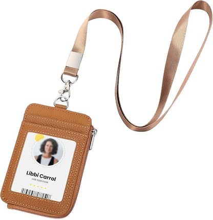 Badge Holder – Genuine Leather ID Badge Holder with Zipper Pocket and Nylon Lanyard – Perfect for Badges, Cards, and More