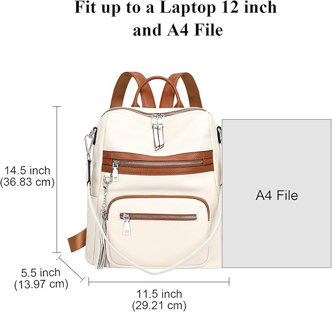 ALTOSY Genuine Leather Backpack Purse for Women Large Shoulder Bag With Laptop Compartment Multiple Pockets (S106 Beige/Brown)