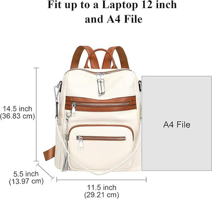 ALTOSY Genuine Leather Backpack Purse for Women Large Shoulder Bag With Laptop Compartment Multiple Pockets (S106 Beige/Brown)