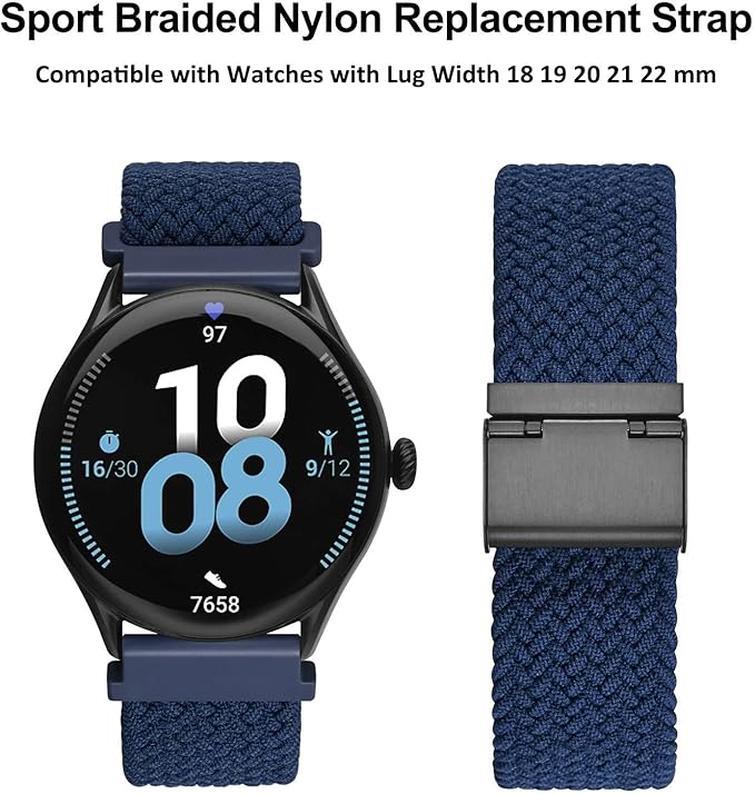 WOCCI 18mm Braided Nylon Watch Band for Men and Women, Quick Release, Black Stainless Steel Buckle (Blue)