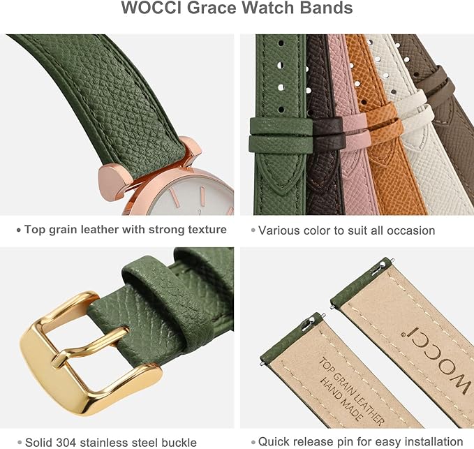 WOCCI 12mm Grace Leather Watch Band for Ladies, Top Grain Leather, Quick Release Replacement Strap with Gold Buckle (Reseda Green)