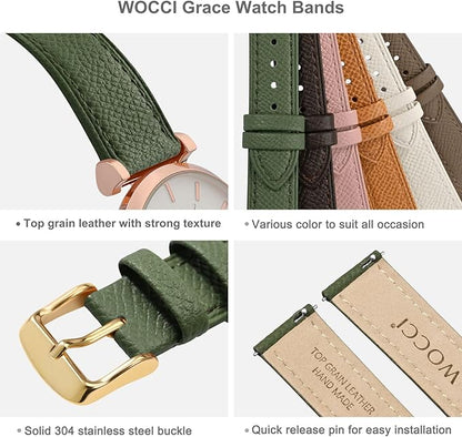 WOCCI 18mm Grace Leather Watch Band for Ladies, Top Grain Leather, Quick Release Replacement Strap with Gold Buckle (Reseda Green)