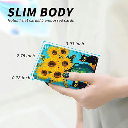 Minimalist Wallet for Men's Card Holders, Pop-Up Card Case Wallets for Women, Leather Automatic Credit Card Holder with Metal Money Clip RFID Blocking Bifold Pocket, Sunflower Black Cat