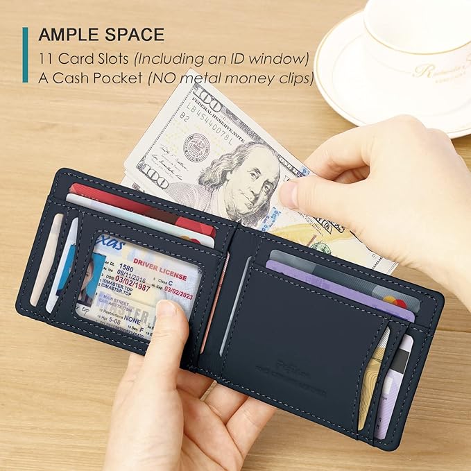 Pefiam Full Grain Leather Bifold Wallet for Men - 11 Slots, RFID Blocking, Gifts for Men - Cowboy Black
