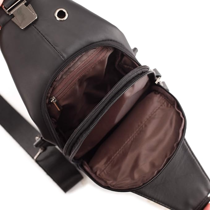 Hebetag Leather Sling Bag Hiking Daypack for Men Women Outdoor Travel Camping Fishing Crossbody Shoulder Chest Pack Daypack Small Black
