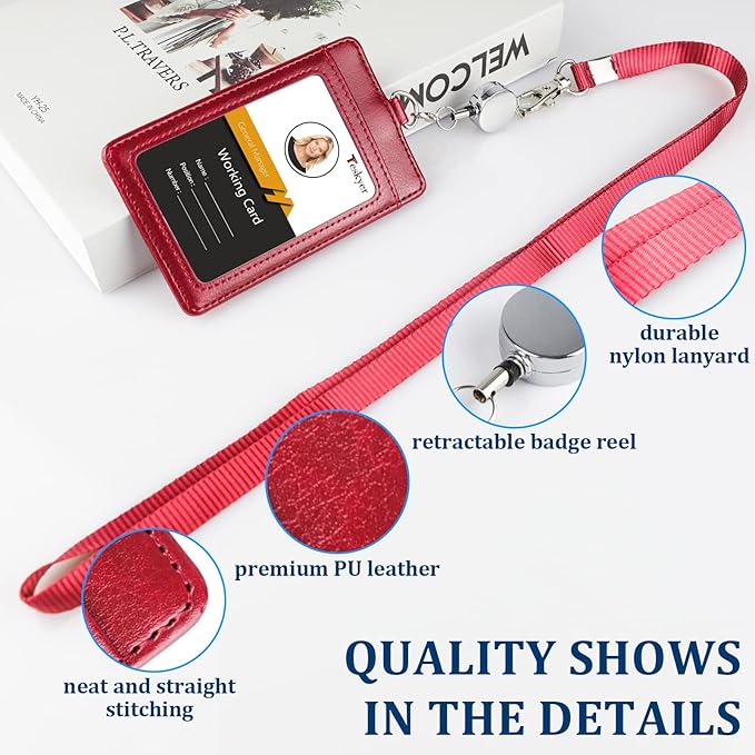 Teskyer Leather Badge Holder with Lanyard and Badge Reel, Retractable Lanyard ID Card Holder for Office School Name Work IDs, Wine Red