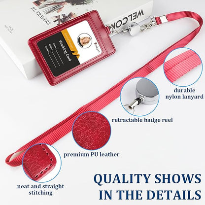 Teskyer Leather Badge Holder with Lanyard and Badge Reel, Retractable Lanyard ID Card Holder for Office School Name Work IDs, Wine Red