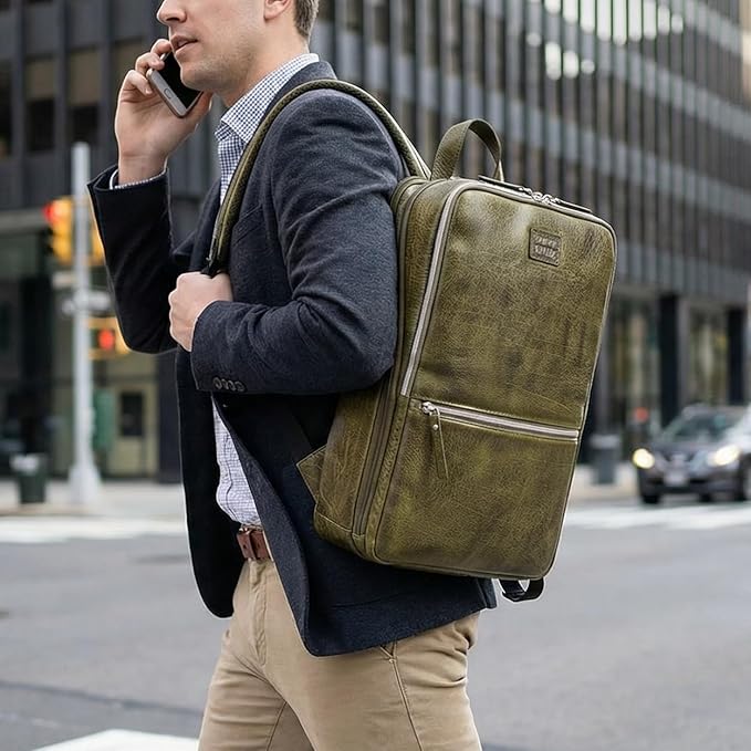 LEATHER VILLAGE Leather Laptop Backpack for Men | Olive | Slim Professional Business Bag Fits 15.6”-Laptop | Water-Repellent Work & Travel Daypack with Trolley Strap