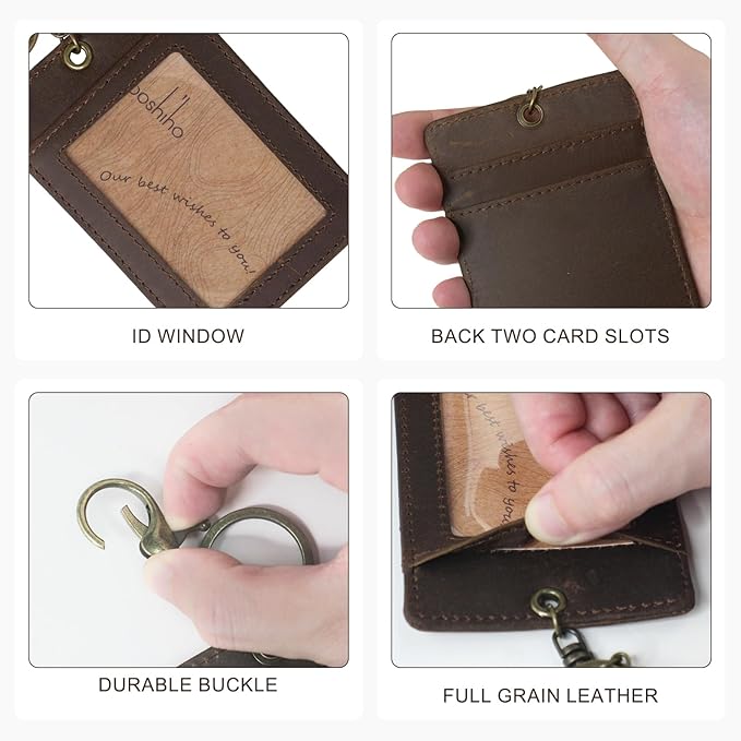 Badge Holder: Boshiho Cowhide Leather ID Card Badge Holder with Keychain Key Ring, Vertical Style (Dark Brown)