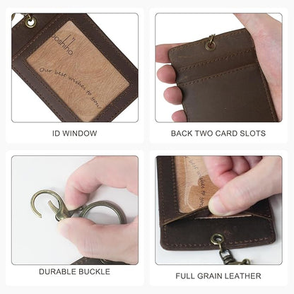 Badge Holder: Boshiho Cowhide Leather ID Card Badge Holder with Keychain Key Ring, Vertical Style (Dark Brown)