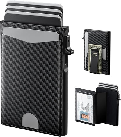 typecase Flip Pop Up Wallet for Men Card Holder: Smart Privacy & ID Display Mode, RFID Blocking, Slim Genuine Leather, Minimalist Front Pocket - 8 Card Capacity | ID Window | Money Clip (Carbon Fiber)