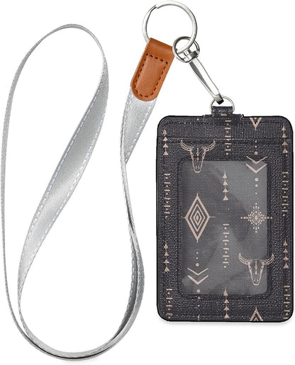 Badge Holder, Boho Pattern Bull Skull Horns PU Leather School College Business ID Badge Card Holder Wallet Case with 1 Clear Window, 2 Credit Card Slots and Detachable Neck Lanyard - Vertical