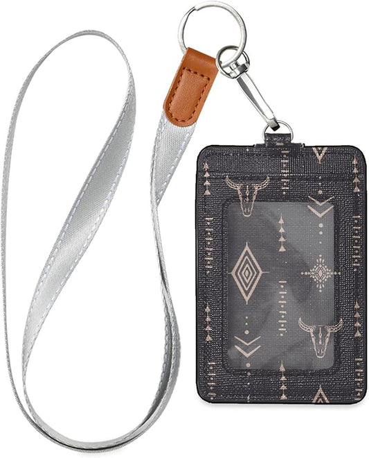 Badge Holder, Boho Pattern Bull Skull Horns PU Leather School College Business ID Badge Card Holder Wallet Case with 1 Clear Window, 2 Credit Card Slots and Detachable Neck Lanyard - Vertical