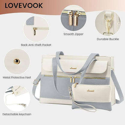LOVEVOOK Laptop Tote for Women - 15.6 Inch Professional Leather Computer Briefcase - Waterproof, Large Capacity Business Teacher Office Bag - Crossbody Purse