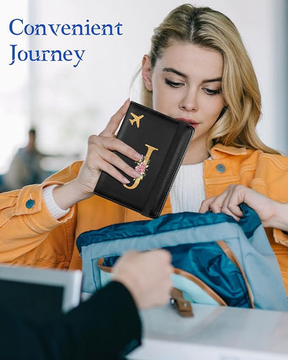 Slohif Initial Passport Holder Cover Wallet Case for Travel Women - Leather Letter Passport Book Family Multiple Personalized Organizer Card Slots Protector Sleeve Essentials Slim Carrier J Black