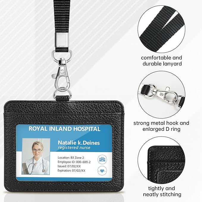 Teskyer Badge Holder with Lanyard, Leather ID Name Badge Card Holder with Lanyard for ID Badges, Horizontal, Lychee Pattern Black