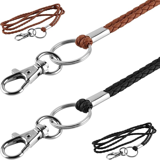 PLENTY Braided Leather Lanyard, 2PCS Handmade Strong Office Long Neck Strap with Clasp and Keychain for ID Badge and Keys