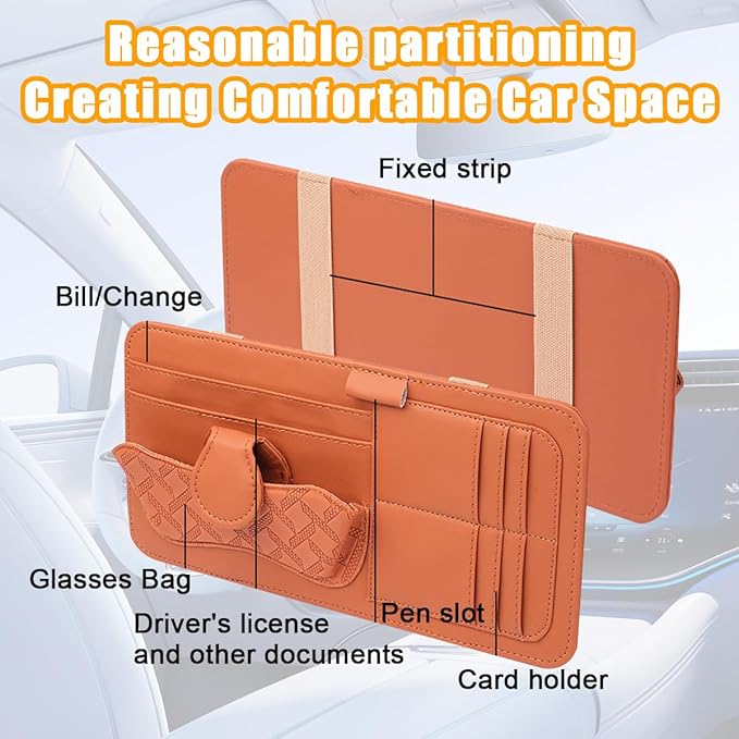 Car Sun Visor Organizer, Leather Multi Pocket Vehicle Visor Storage Pouch for Sunglasses Card License, Multifunctional Auto Interior Organization Accessories, Universal Fit (Brown)