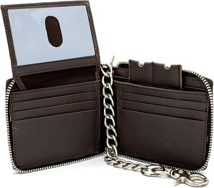 RFID Safe Leather Bi-fold Chain Wallet for Men Zip around Purse for Women Biker's Trucker YKK Metal Zipper Closure Filp up window ID (Brown with Chain)