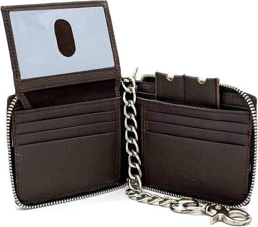 RFID Safe Leather Bi-fold Chain Wallet for Men Zip around Purse for Women Biker's Trucker YKK Metal Zipper Closure Filp up window ID (Brown with Chain)