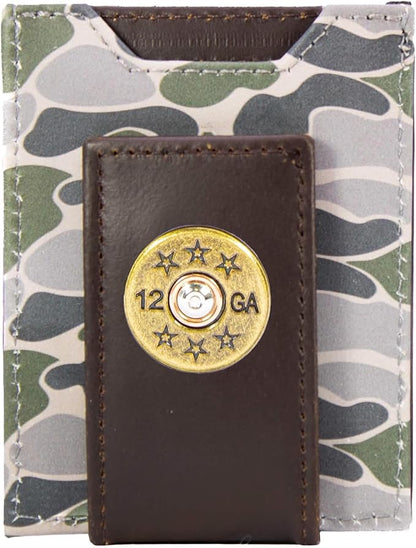 ZEP-PRO Shotshell Men's Magnetic Front Pocket Old School Camo Leather Wallet – Slim Design with Card Slots and Money Clip, Green/Gray Camo