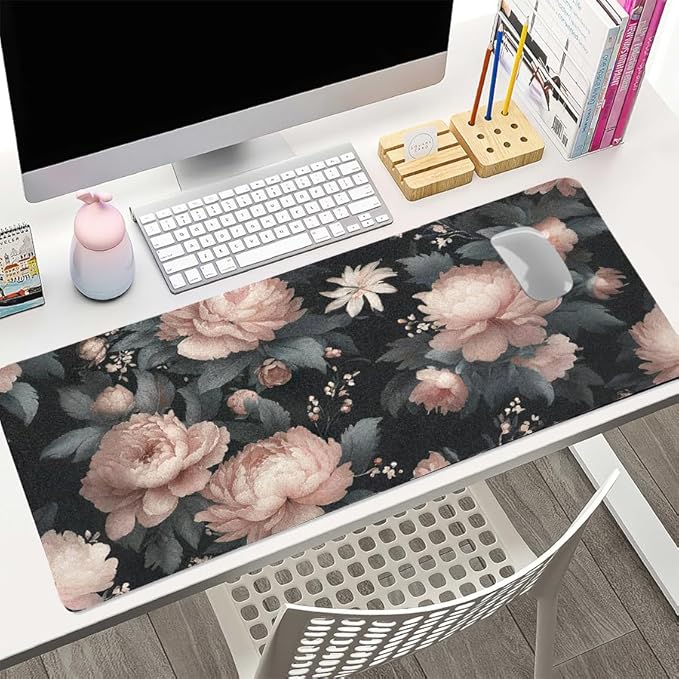Luxurious Peony Floral Desk Mat, Elegant PU Leather Desk Pad for Women - Large Non-Slip Office Mat for a Stylish & Protected Gaming & Home Workspace（31.5 * 15.75in）