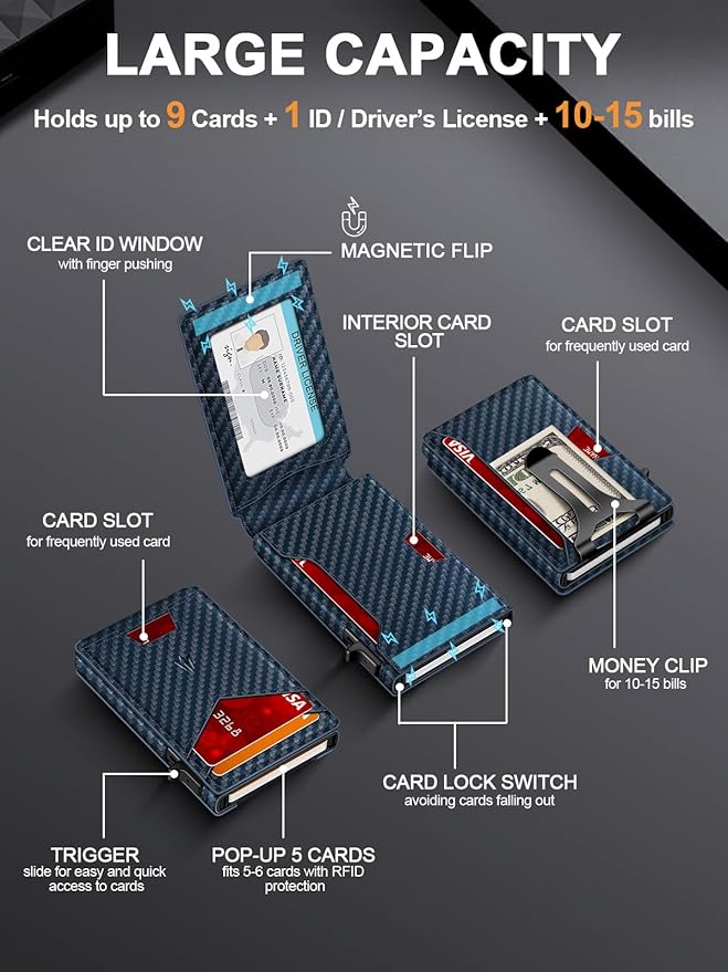 Wallet for Men, Slim Minimalist Wallet with Money Clip＆ID Window, RFID Blocking Pop-Up Credit Card Holder, Smart Auminum Mens Wallet Holds 9-13 Cards (Gift Box) (Blue Carbon Fiber)