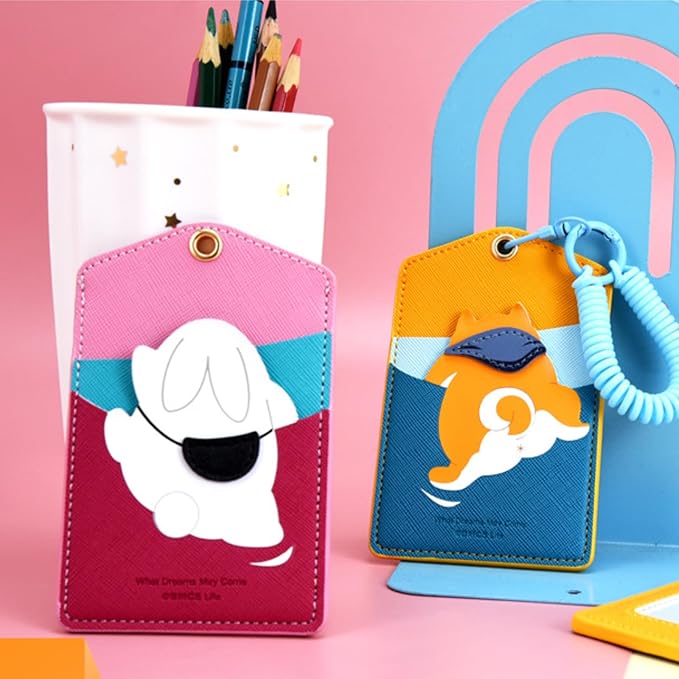 ID Badge Holder with Keychain, 3 Card Slots Cartoon Animal Cute Badge Holder for Professionals, Teacher, Nurse Officer and Students Women Girls Boys (Shiba Inu)
