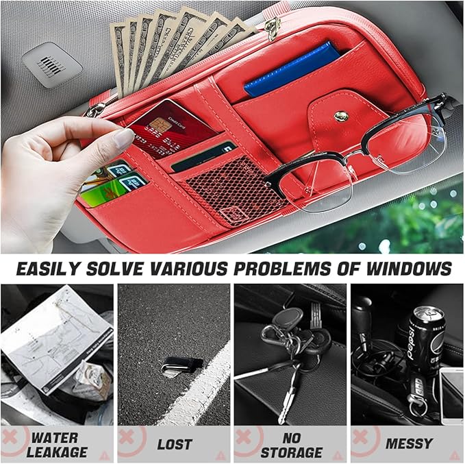 AUCELI Car Sun Visor Organizer, PU Leather Document Registration Case Bag with Multi-Pocket for License Pen Key, Sunglass Holder Net Zipper Storage Pouch, Universal Auto Truck Accessories