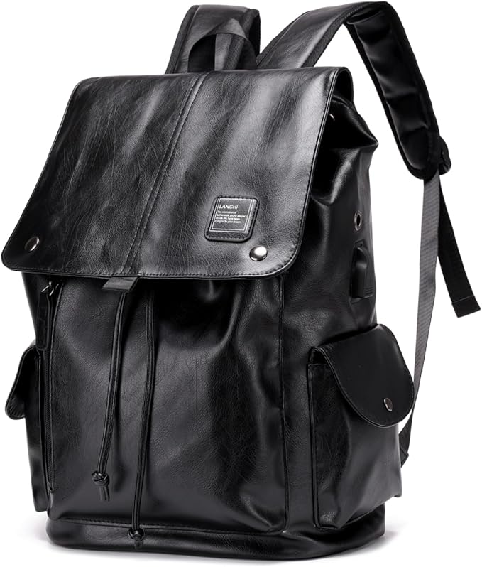 Soft leather backpack, casual PU backpack men women. USB charging port. Suitable for work, commuting, traveling, etc. Waterproof. (Black)