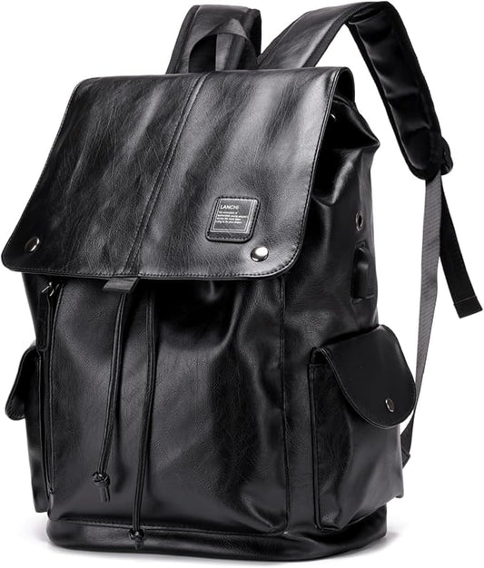 Soft leather backpack, casual PU backpack men women. USB charging port. Suitable for work, commuting, traveling, etc. Waterproof. (Black)