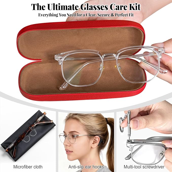 RayLove Glasses Case, 2 Pack Unisex Hard Shell Eyeglass Case PU Leather Hard Eyeglass Case with Eyewear Accessories