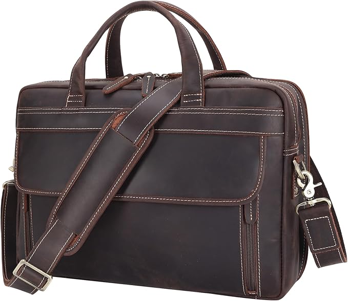 Masa Kawa Leather Briefcase for Men 15.6", 17" Laptop Computer Case Business Travel Work Messenger Cross Body Shoulder Bag