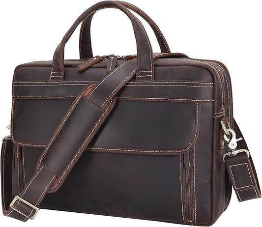 Masa Kawa Leather Briefcase for Men 15.6", 17" Laptop Computer Case Business Travel Work Messenger Cross Body Shoulder Bag