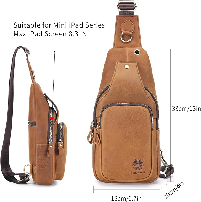 Mens Sling Bag Genuine Leather Crossbody Bags for Men Small Sling Chest Backpack Casual Man Bag Hiking Outdoor, Brown