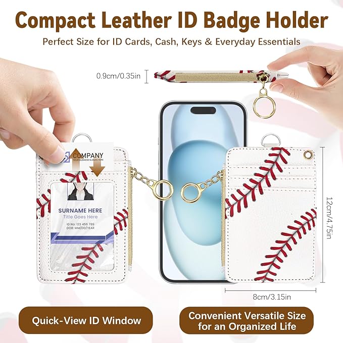 Baseball Leather Badge Holder with Zipper Pocket, Men Women Work Lanyards and 1 Zip Pocket and 4 Card Slots, Pink Bow Breakaway Lanyards with Metal Clasp for Boys, Adult, Teachers