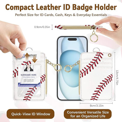 Baseball Leather Badge Holder with Zipper Pocket, Men Women Work Lanyards and 1 Zip Pocket and 4 Card Slots, Pink Bow Breakaway Lanyards with Metal Clasp for Boys, Adult, Teachers