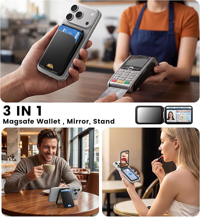 QYQBOON Magnetic Phone Wallet With Makeup Mirror - Mag Safe Wallet Leather RFID-Blocking Mag-Safe Card Holder for iPhone 17/16/15/14/13/12 Series, Not for iPhone 13/12 Mini (Black)
