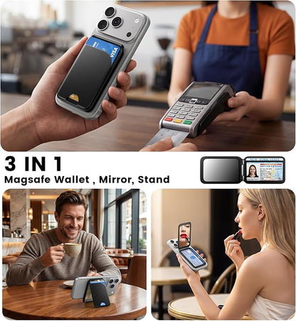 QYQBOON Magnetic Phone Wallet With Makeup Mirror - Mag Safe Wallet Leather RFID-Blocking Mag-Safe Card Holder for iPhone 17/16/15/14/13/12 Series, Not for iPhone 13/12 Mini (Black)