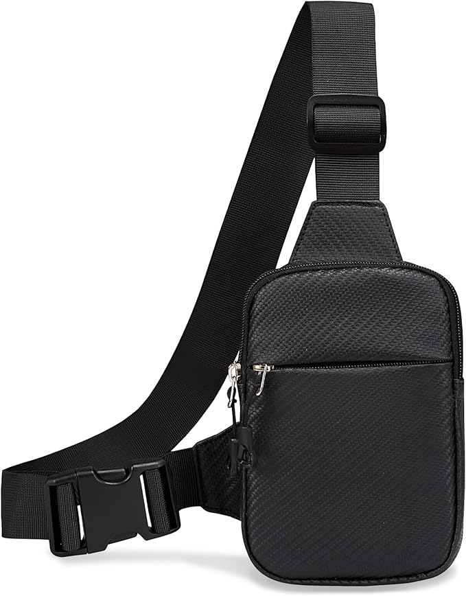 Mini Crossbody Sling Bag, PU Leather Chest Bag with 3 dimensional Woven Pattern, Dual Pocket Water Resistant Fanny Pack, Running Phone Holder for Men Women Workout Travelling(Black Carbon Fiber)
