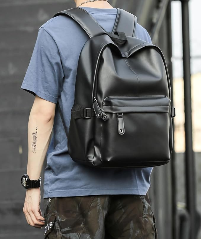 MOYYI Leather Backpack for Men Black Large Backpack Fit 15.6inch Laptop Rucksack Waterproof for business Commute Casual Daypack