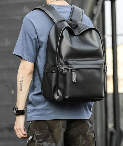MOYYI Leather Backpack for Men Black Large Backpack Fit 15.6inch Laptop Rucksack Waterproof for business Commute Casual Daypack