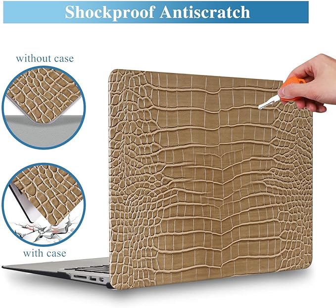 KEROM Compatible for Crocodile MacBook Pro 13 Inch Case 2025-2016 M2 M1 A2338 A2289 A2251 A2159 A1989 A1706 A1708, Textured Elegant Aligator Skin Snakeskin PU Leather Hardshell & Keyboard Cover, Brown