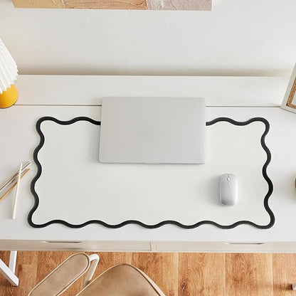 Ralxion Scalloped Desk Mat, 31.5" x 15.7", PU Leather, Waterproof Anti-Slip, Cute Aesthetic Desk Pad for Office/Home/Game/Vanity (Black, Large)